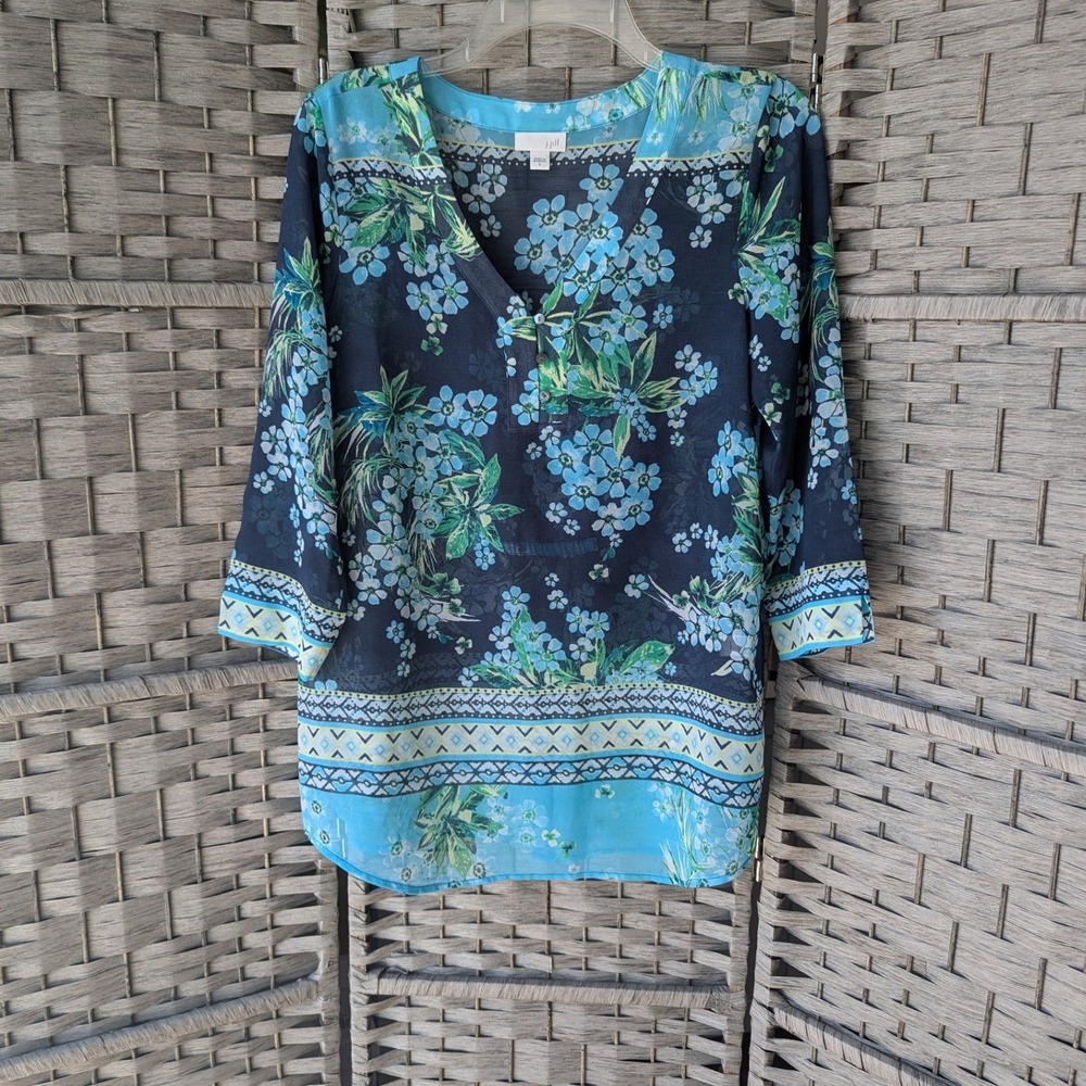 J. Jill Tunic Top Blue Floral‎ Geometric Border Print 3/4 Sleeve Sz S Light Airy
